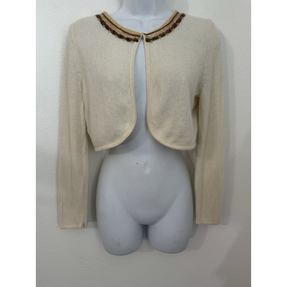 EXPRESS Angora Blend Bolero Sweater Cropped Cream Fuzzy Beaded L (runs small)